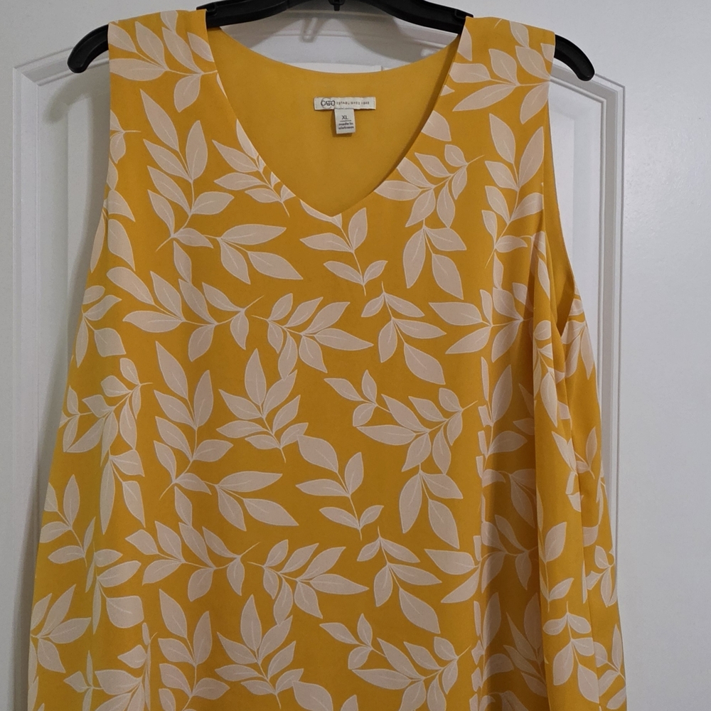 Cato Mustard V-Neck Top with White Leaf Pattern